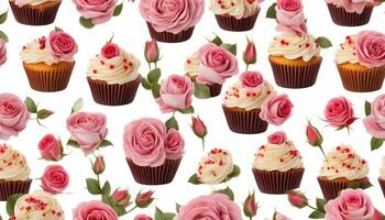 ai gegenereerd cupcakes en rozen zijn geregeld in een patroon foto