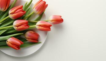 ai gegenereerd kop van vlak leggen koffie Aan de tafel met tulp achtergrond foto