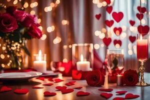 ai gegenereerd Valentijnsdag dag tafel instelling met kaarsen en rozen foto