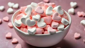 ai gegenereerd een kom gevulde met marshmallows Aan een roze achtergrond foto