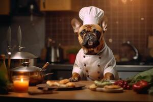 grappig beeld van een Frans bulldog in een chef kostuum, presentatie van culinaire humor in de keuken instelling. kopiëren ruimte perfect voor voedselgerelateerd projecten en entertainment-thema ontwerpen, ai generatief foto