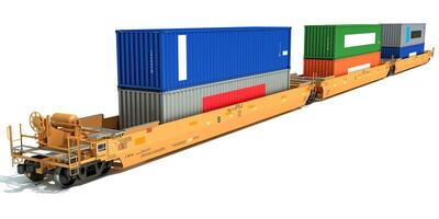 dubbele stack trein auto's met containers 3d renderen Aan wit achtergrond foto