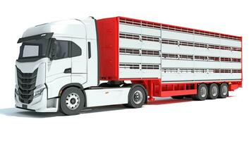 vrachtauto met vee dier vervoerder aanhangwagen 3d renderen Aan wit achtergrond foto