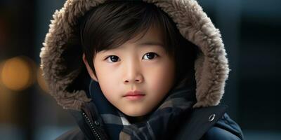 ai gegenereerd detailopname van een jong Aziatisch jongen in winter kleding. ai generatief. foto