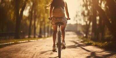 ai gegenereerd silhouet van een vrouw wielersport in een Woud. ai generatief. foto
