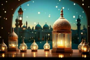 ai gegenereerd charme van eid al fitr lantaarn, moskee silhouet, venster concept foto