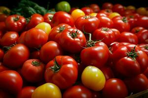 ai gegenereerd barsten lade een verscheidenheid van rijp, kleurrijk tomaten in overvloed foto