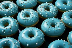 ai gegenereerd patroon van genot een blauw donuts achtergrond combineert eigenzinnigheid met zoet toegeeflijkheid foto