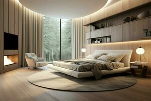 ai gegenereerd luxueus slaapkamer in appartement, Scandinavisch ontwerp, met modern meubilair foto