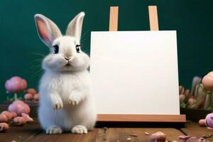 ai gegenereerd gelukkig Pasen concept een schattig konijn poses met een blanco whiteboard foto
