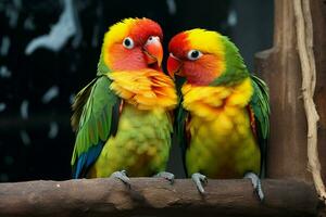 ai gegenereerd liefde vogelstand detailopname onthult levendig en mooi rangschikking van kleuren foto