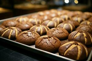 ai gegenereerd aanlokkelijk rangschikking chocola koekjes weergegeven voor uitverkoop Bij lokaal op te slaan foto