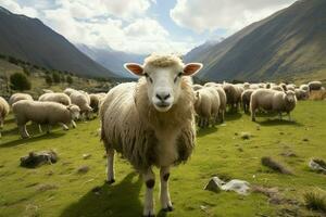 ai gegenereerd groen berg weide gastheren een vredig bijeenkomst van begrazing schapen foto