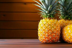 ai gegenereerd tropisch zoetheid weergegeven Aan een houten tafel vers ananas perfectie foto