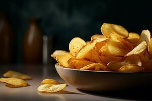 ai gegenereerd aardappel chips perfectie knapperig, gouden bijt van verrukkelijk, gekruid genot foto