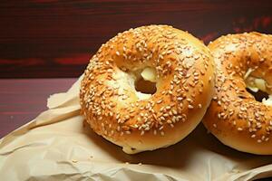 ai gegenereerd bagel duo een verrukkelijk paar- van vers gebakken, uitnodigend goedheid foto