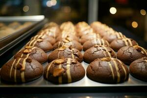 ai gegenereerd lokaal toegeeflijkheid chocola koekjes geregeld voor uitverkoop in een op te slaan foto