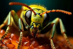 ai gegenereerd aard details geopenbaard macro insect portret Aan een weelderig blad foto