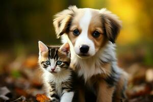 ai gegenereerd aanbiddelijk team een pot en puppy verenigen in Speel, presentatie van onweerstaanbaar schattigheid foto