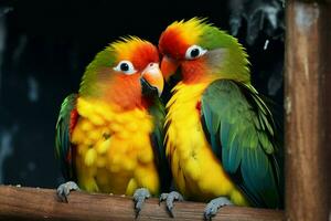 ai gegenereerd liefde vogelstand detailopname onthult levendig en mooi rangschikking van kleuren foto