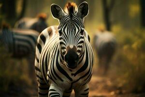 ai gegenereerd wild symmetrie zebra's gedetailleerd portret reeks tegen de Woud backdrop foto