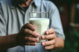 ai gegenereerd Holding een glas van melk, Mens pleitbezorgers dagelijks inname voor calcium foto