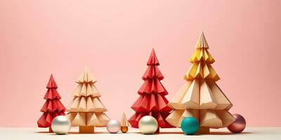ai gegenereerd creatief Kerstmis boom met gouden en rood ballen geïsoleerd Aan roze achtergrond. banier voor nieuw jaar foto