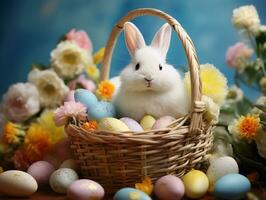 ai gegenereerd een schattig Pasen konijn in een rieten mand. geschilderd kip eieren, voorjaar bloemen. fotorealistisch, achtergrond met bokeh effect. ai gegenereerd. foto