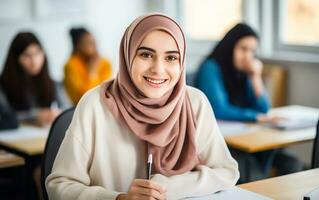 ai gegenereerd onderwijs concept. gelukkig glimlachen meisje in hijab zittend Bij de bureau in de klas foto