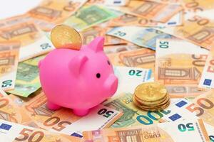 roze varkentje bank met bitcoin munt Aan de vijftig euro bankbiljetten. klein geld doos voor contant geld en munten. geld besparing concept foto