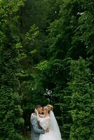 portret van de bruid en bruidegom staand Aan de achtergrond van groen bomen, omarmen. de bruid glimlacht oprecht. elegant bruidegom. mode en stijl. mooi bruid foto
