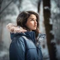 ai gegenereerd een jong vrouw in een blauw winter jasje ai gegenereerd foto