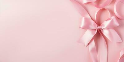 ai gegenereerd vlak leggen roze boog Aan een roze achtergrond. roze lint, symbool van de strijd tegen borst kanker. foto