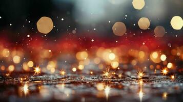 ai gegenereerd vieren de winter magie met betoverend vakantie kleurrijk van bokeh glimmend glitters gouden sneeuwvlokken Aan een rood-zilver achtergrond, creëren een blij en feestelijk atmosfeer achtergrond foto