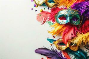 ai gegenereerd mardi gras carnaval kleurrijk veren en maskers in een feestelijk viering cultureel extravagantie, overladen creëren een vrolijk, feestelijk traditioneel brengen leven naar een viering, wit achtergrond foto