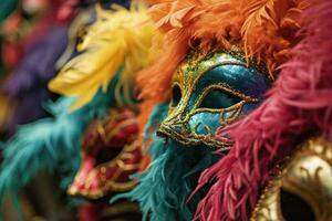 ai gegenereerd mardi gras carnaval kleurrijk veren en maskers in een feestelijk viering cultureel extravagantie, overladen creëren een vrolijk, feestelijk traditioneel brengen leven naar een vakantie viering foto