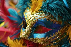 ai gegenereerd mardi gras carnaval kleurrijk veren en maskers in een feestelijk viering cultureel extravagantie, overladen creëren een vrolijk, feestelijk traditioneel brengen leven naar een vakantie viering foto