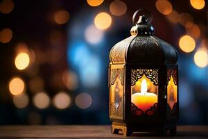 ai gegenereerd Islamitisch lantaarn met kaars Aan wazig achtergrond, voor ramadan, eid al fitr en adha. kopiëren ruimte foto