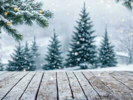 ai gegenereerd besneeuwd winter tafereel met een leeg houten tafel. Kerstmis boom en vallend sneeuw Aan een wazig achtergrond foto