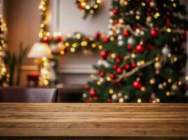 ai gegenereerd leeg houten tafel in voorkant van Kerstmis boom met decoratie kamer achtergrond. voor Product Scherm montages. foto