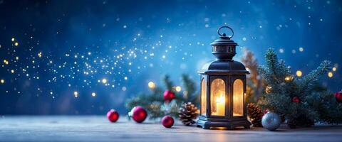 ai gegenereerd Kerstmis lantaarn Aan houten tafel met decoraties en bokeh licht met wazig blauw achtergrond. foto
