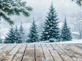 ai gegenereerd Scherm achtergrond met een leeg houten tafel reeks tegen een sereen besneeuwd landschap. foto