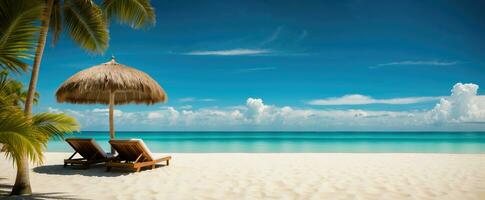 ai gegenereerd strand stoelen en paraplu's Aan een tropisch strand achtergrond. foto