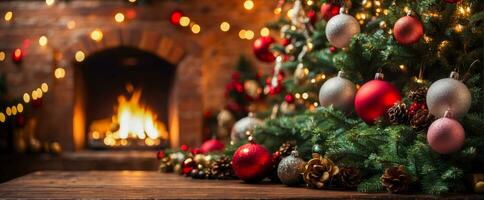 ai gegenereerd Kerstmis boom met decoraties in de buurt haard met lichten en houten tafel. Kerstmis vakantie achtergrond. nieuw jaar kader voor uw tekst. Kerstmis spandoek. foto