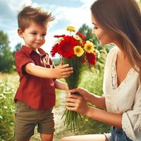 ai gegenereerd een klein kind geven bloemen naar zijn moeder foto