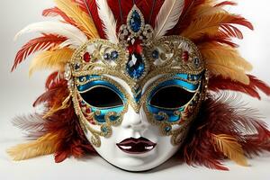 ai gegenereerd luxueus Venetiaanse masker met Kristallen en veelkleurig stenen. carnaval masker foto