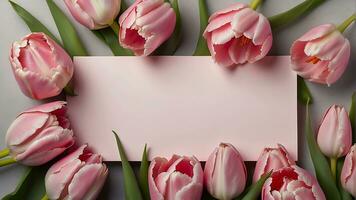 ai gegenereerd groet kaart sjabloon met plaats voor tekst. delicaat bloemen arrangement van roze tulpen foto