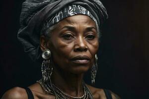 ai gegenereerd portret ouder zwart Afrikaanse Amerikaans vrouw met futuristische esthetisch en piercings. gedempt kleuren foto