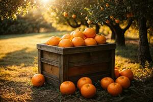 ai gegenereerd houten doos met sinaasappels in de tuin foto