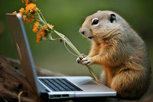 ai gegenereerd marmot tonen wilde bloemen naar de laptop camera groundhog dag, draadloze technologie, afgelegen communicatie foto